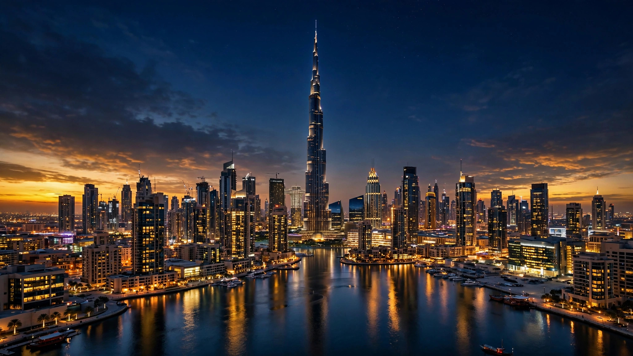 Dubai skyline at dusk with the Burj Khalifa